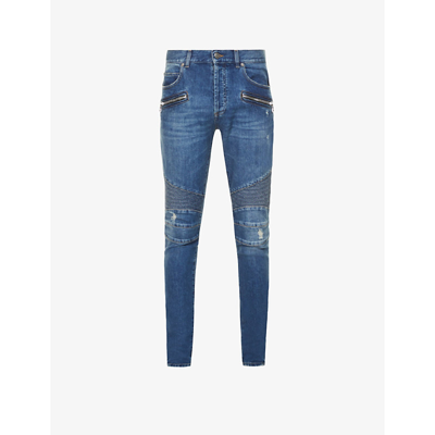 Shop Balmain Ribbed Slim-fit Stretch-denim Jeans In Bleu Jean