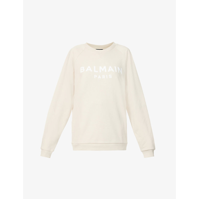 Shop Balmain Womens Ivoire/blanc Logo-print Cotton-jersey Sweatshirt M In Beige/white