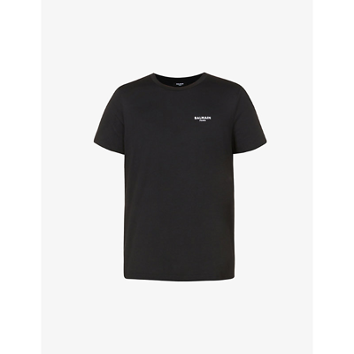 Shop Balmain Flock Logo-print Organic-cotton T-shirt In Noir Blanc