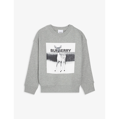 Shop Burberry Deer-print Branded Cotton Sweatshirt 6-14 Years In Grey Melange