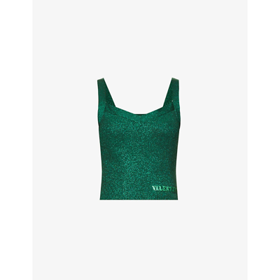 Shop Valentino V-neck Cropped Woven Top In Antic Green