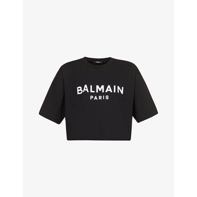 Shop Balmain Women's Noir/blanc Logo-print Cropped Cotton-jersey T-shirt