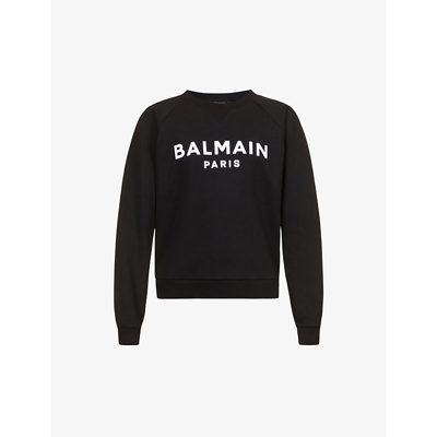 Shop Balmain Womens Noir/blanc Logo-flocked Cotton-jersey Sweatshirt