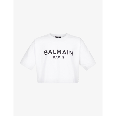 Shop Balmain Women's Blanc/noir Logo-print Cropped Cotton-jersey T-shirt