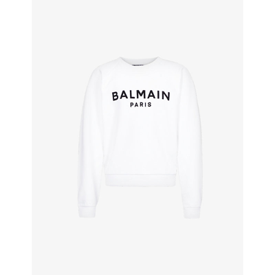 Shop Balmain Women's Blanc/noir Logo-flocked Cotton-jersey Sweatshirt