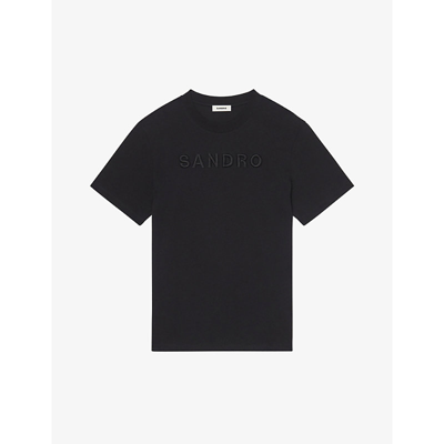Shop Sandro Logo-embroidered Organic Cotton-jersey T-shirt In Noir / Gris
