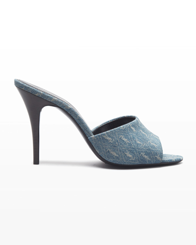 Shop Saint Laurent La 16 Ysl Jacquard Mule Sandals In Denim Deep Navy