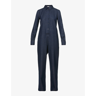 Shop Max Mara Logo-embroidered Straight-leg Cotton-blend Jumpsuit In Navy