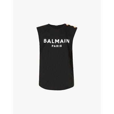 Shop Balmain Logo-flocked Cotton-jersey Top In Noir/blanc