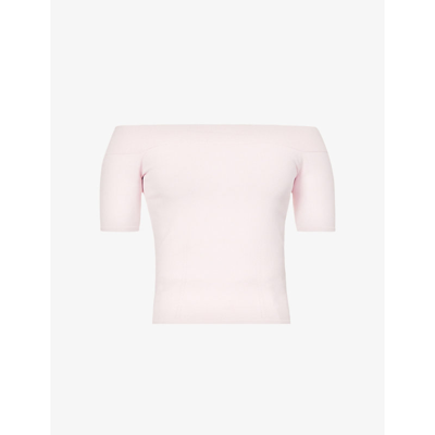 Shop Alexander Mcqueen Off-shoulder Ribbed Knitted Top In Ice Pink