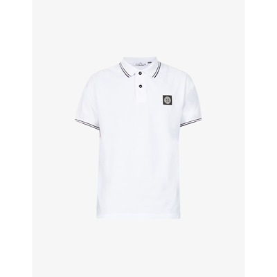 Shop Stone Island Men's White Compass Logo Stretch-cotton Polo Shirt
