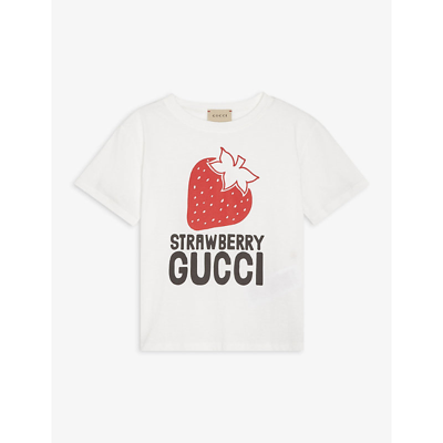 Shop Gucci Girls White Kids Strawberry Short-sleeved Cotton T-shirt 4-10 Years