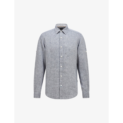 Shop Hugo Boss Boss Mens Dark Blue Casual Washed Linen-chambray Shirt