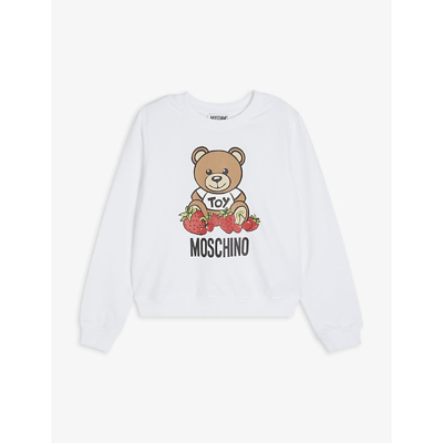Shop Moschino Strawberry Bear Logo-print Stretch-cotton Sweatshirt 4-14 Years In White