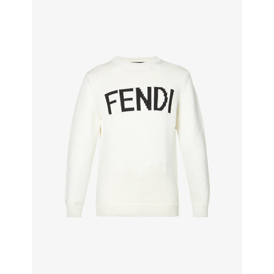 Shop Fendi Brand-embroidered Crewneck Wool Jumper In White