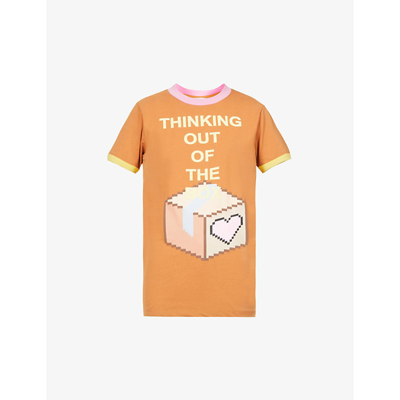 Shop Natasha Zinko Pixel Think Outside The Box Cotton T-shirt In Brown Pink Yellow