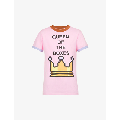Shop Natasha Zinko Pixel Queen Of The Boxes Cotton T-shirt In Pink Brown Lilac