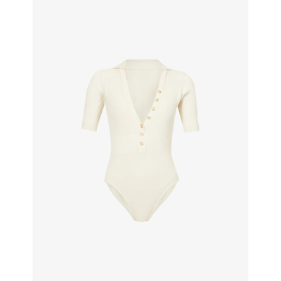 Shop Jacquemus Le Body Yauco V-neck Stretch-woven Body In Beige