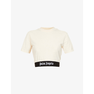 Shop Palm Angels Womens Off White Black Cropped Logo-embroidered Cotton T-shirt