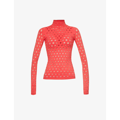 Shop Maisie Wilen Perforated Turtleneck Stretch-jersey Top In Tomato