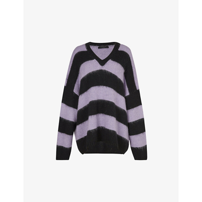 Shop Allsaints Womens Black/lilac Lou Striped-print V-neck Knitted Jumper S
