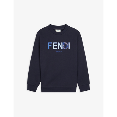 Shop Fendi Logo-embroidered Cotton-jersey Sweatshirt 8-14 Years In Navy