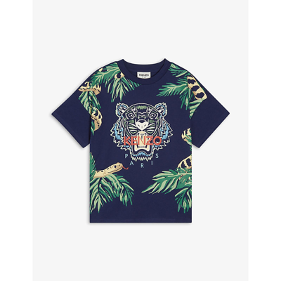 Shop Kenzo Tropical Icon Cotton T-shirt 4-14 Years In Navy