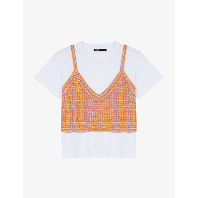 Shop Maje Tcrop Tweed Crop Top And T-shirt In Jaunes / Oranges
