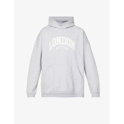 Shop Balenciaga London Slogan-print Cotton-jersey Hoody In Heather Grey White