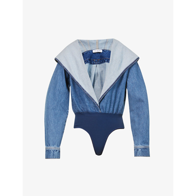 Shop Alaïa Womens Bleu Jeans Hooded Stretch-denim And Jersey Body 12