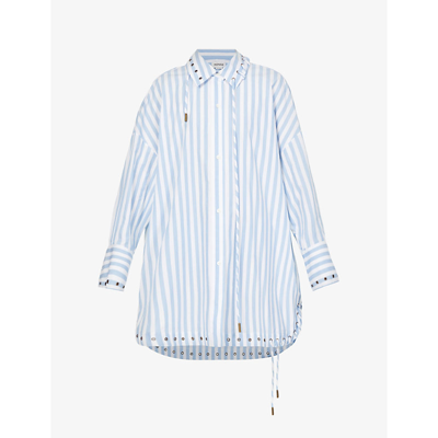 Shop Monse Striped Lace-embellished Cotton-poplin Shirt Mini Dress In Sky Blue White