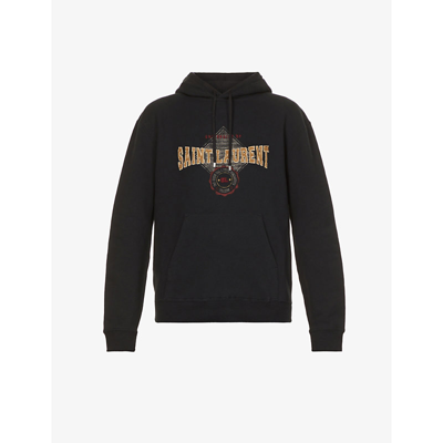 Shop Saint Laurent Logo-print Cotton-jersey Hoody In Noir Blanch/multico