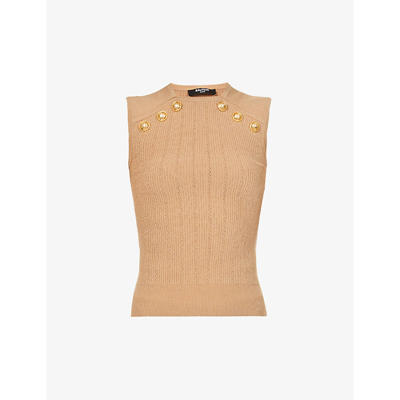Shop Balmain Button-embellished Sleeveless Stretch-woven Top In Sable