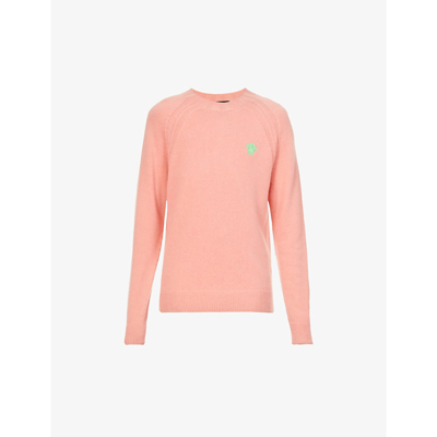 Shop Versace Crewneck Brand-embroidered Cashmere And Wool-blend Jumper In Pink
