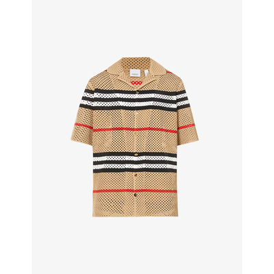 Burberry Malet Short-sleeved Icon-print Crochet Shirt In Beige | ModeSens
