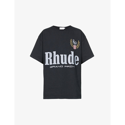Shop Rhude Grand Prix Logo-print Cotton-jersey T-shirt In Vtg Black