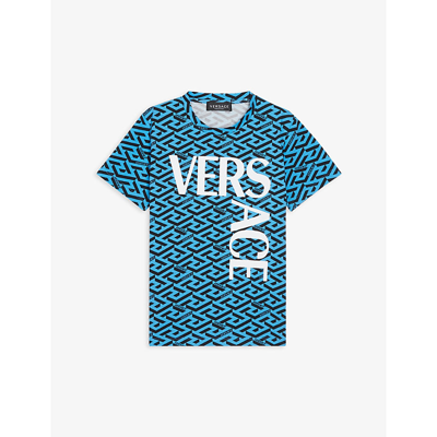 Shop Versace Logo Geometric Stretch-cotton T-shirt 6-14 Years In Blue