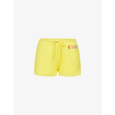 Shop Moschino Logo-print Mid-rise Organic-cotton Shorts In Fantasy Print Yellow