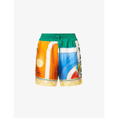 Shop Casablanca Graphic-print High-rise Silk-twill Shorts In Reve De Tennis