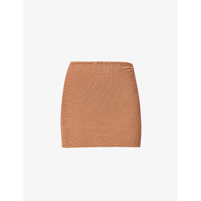 Shop Hunza G High-rise Seersucker Stretch-woven Mini Skirt In Metallic Cocoa