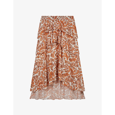 Shop Maje Justy Paisley-print Cotton-voile Midi Skirt In Jaunes / Oranges