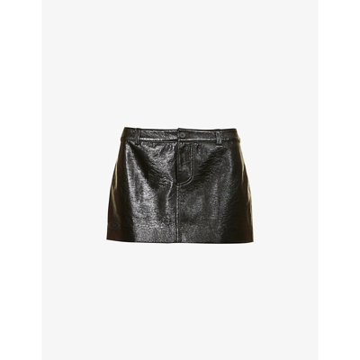 Shop Mcq By Alexander Mcqueen Low-waisted Brand-patch Faux-leather Mini Skirt In Darkest Black