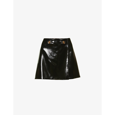 Shop Versace Button-embellished Coated-wool Mini Skirt In Black