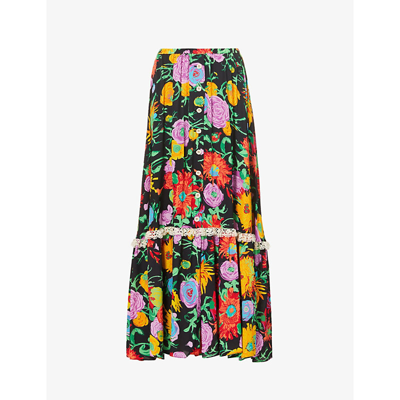 Shop Gucci X Ken Scott Jenni Floral-print High-waist Crepe Midi Skirt In Black/mix