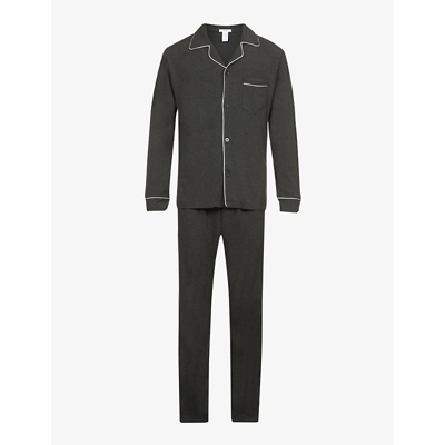 Shop Eberjey Men's Charcoal Heather/ivory William Contrast-piping Stretch-jersey Pyjama Set