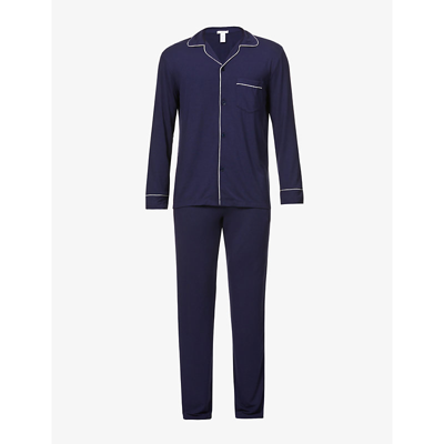 Shop Eberjey Men's True Navy/ivory William Contrast-piping Stretch-jersey Pyjama Set