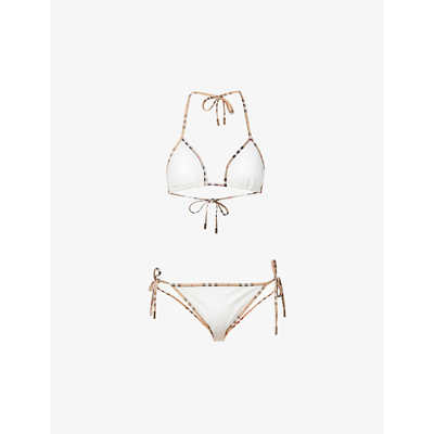 Shop Burberry Checked-trim Triangle Bikini Set In White