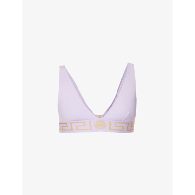 Shop Versace Greca Border Bikini Top In Lilac