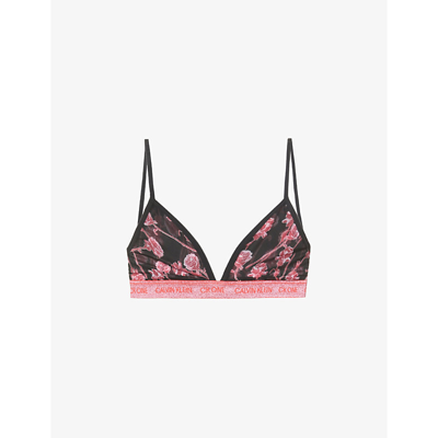 Women's Ck One Unlined Rose-print Triangle Bralette Qf6690 In Black