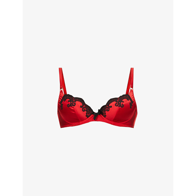 Shop Agent Provocateur Molly Lace-trim Stretch-silk Plunge Bra In Red